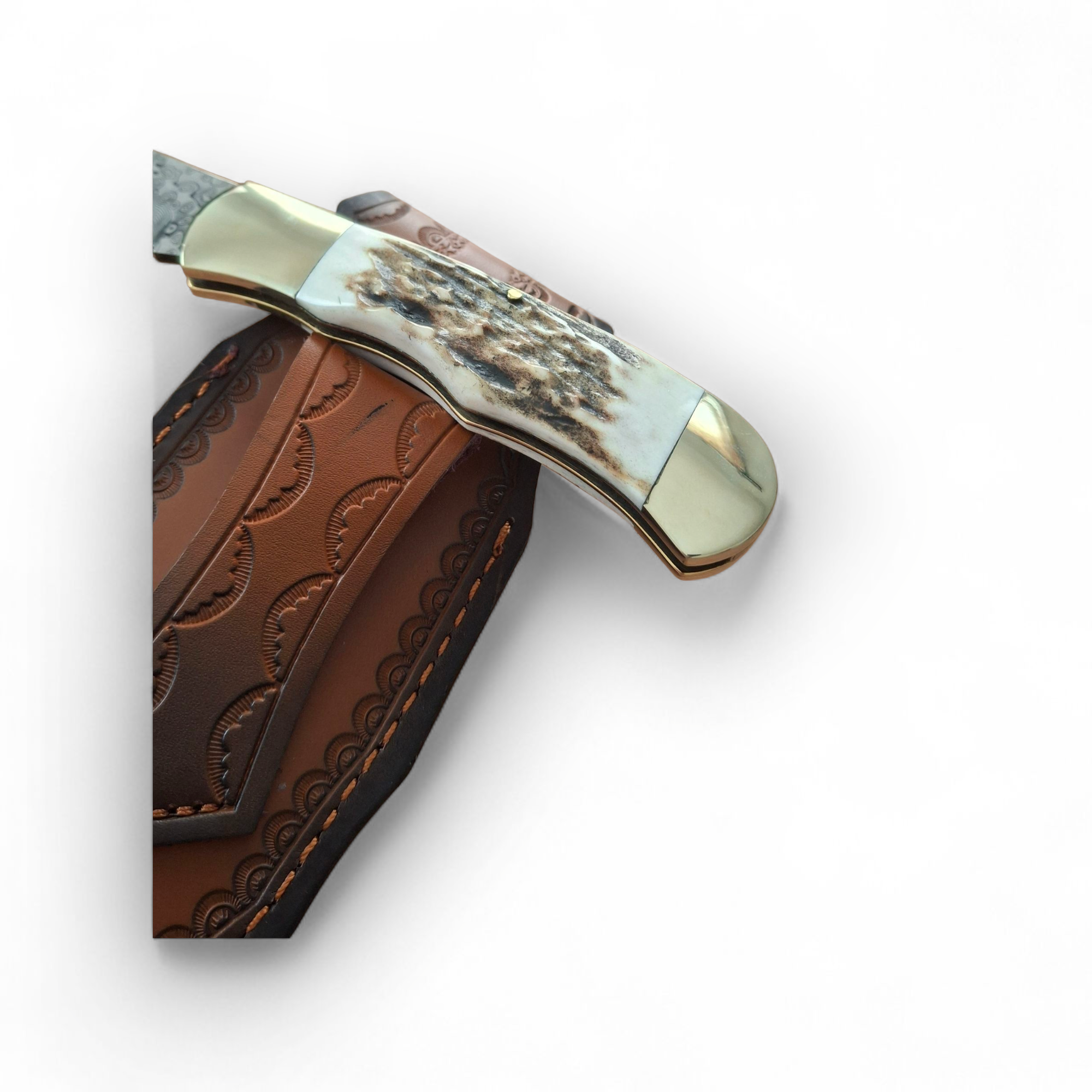 Сгъваем нож Forest Antler 195 с отворено дамасково острие и кожена кания