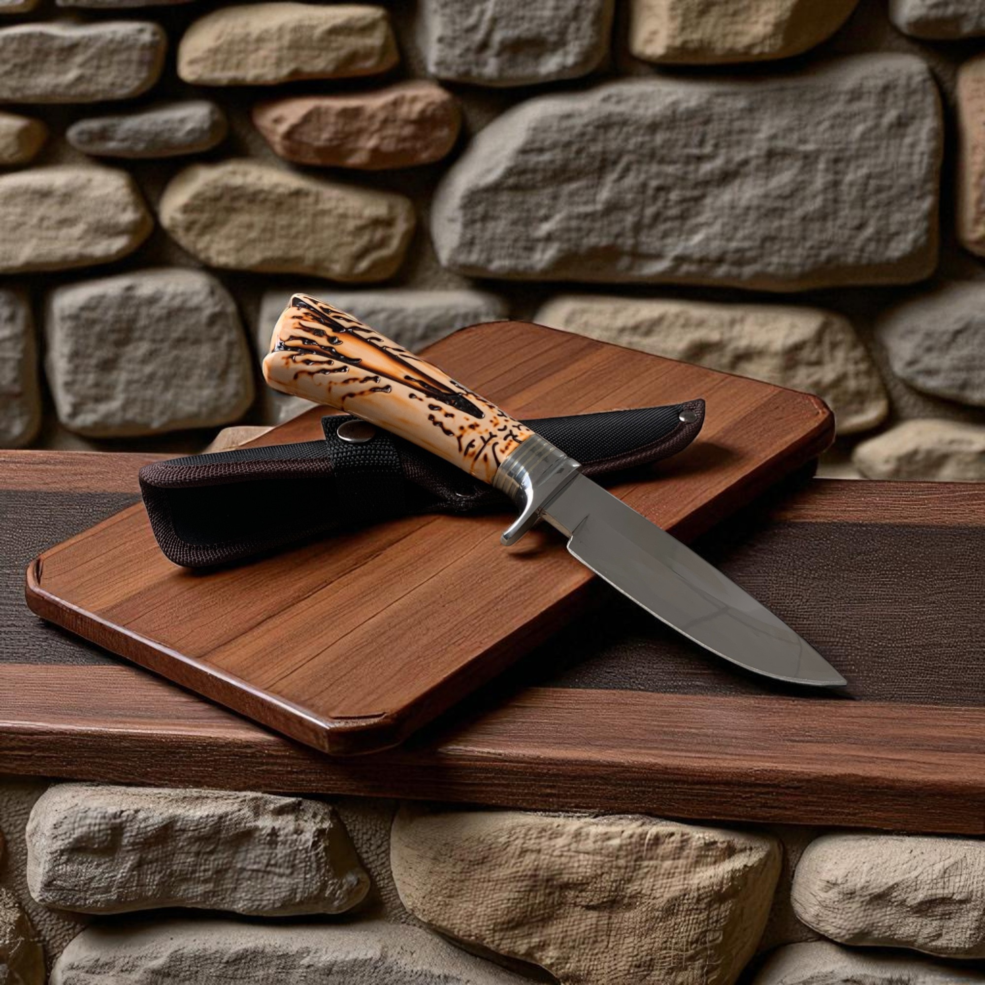 Ловен нож Knives T-S031A с имитация на еленов рог и текстилна кания – изглед отблизо