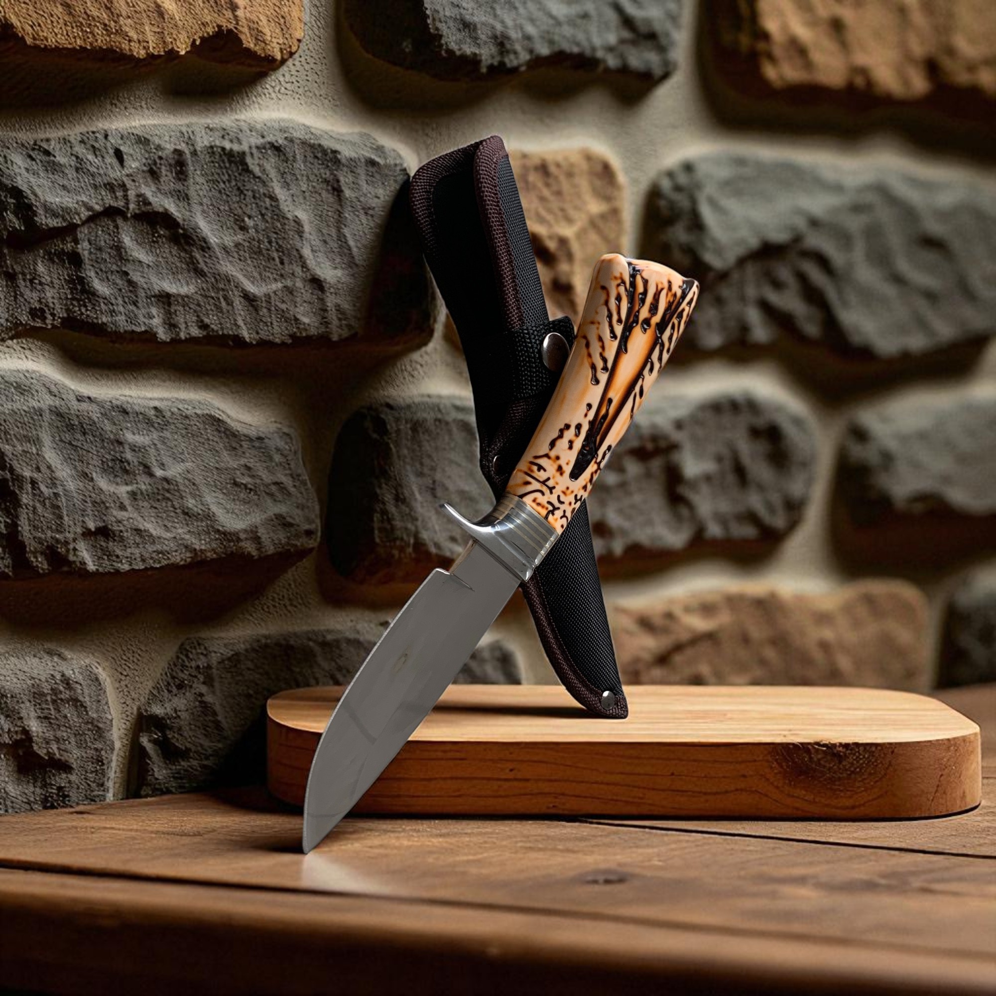 Ловен нож Knives T-S031A с имитация на еленов рог и текстилна кания – изглед отблизо