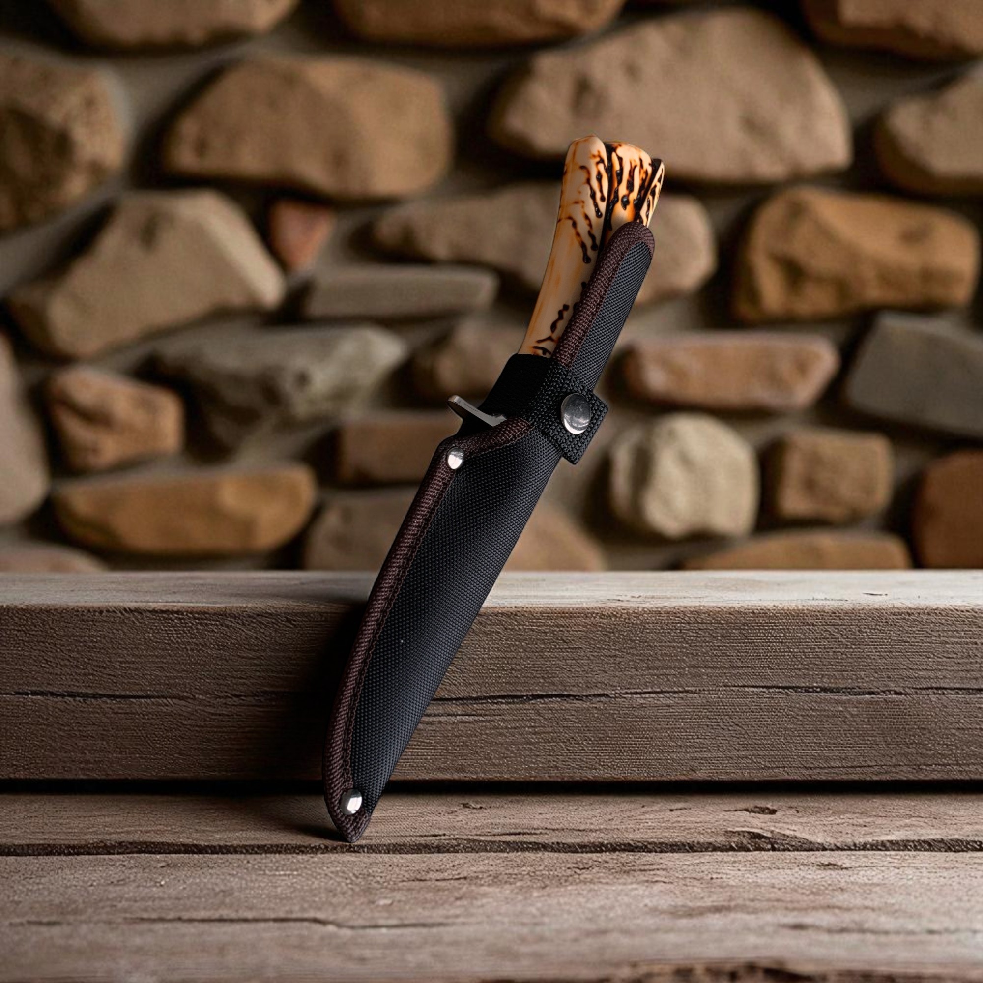 Ловен нож Knives T-S031A с имитация на еленов рог и текстилна кания – изглед отблизо