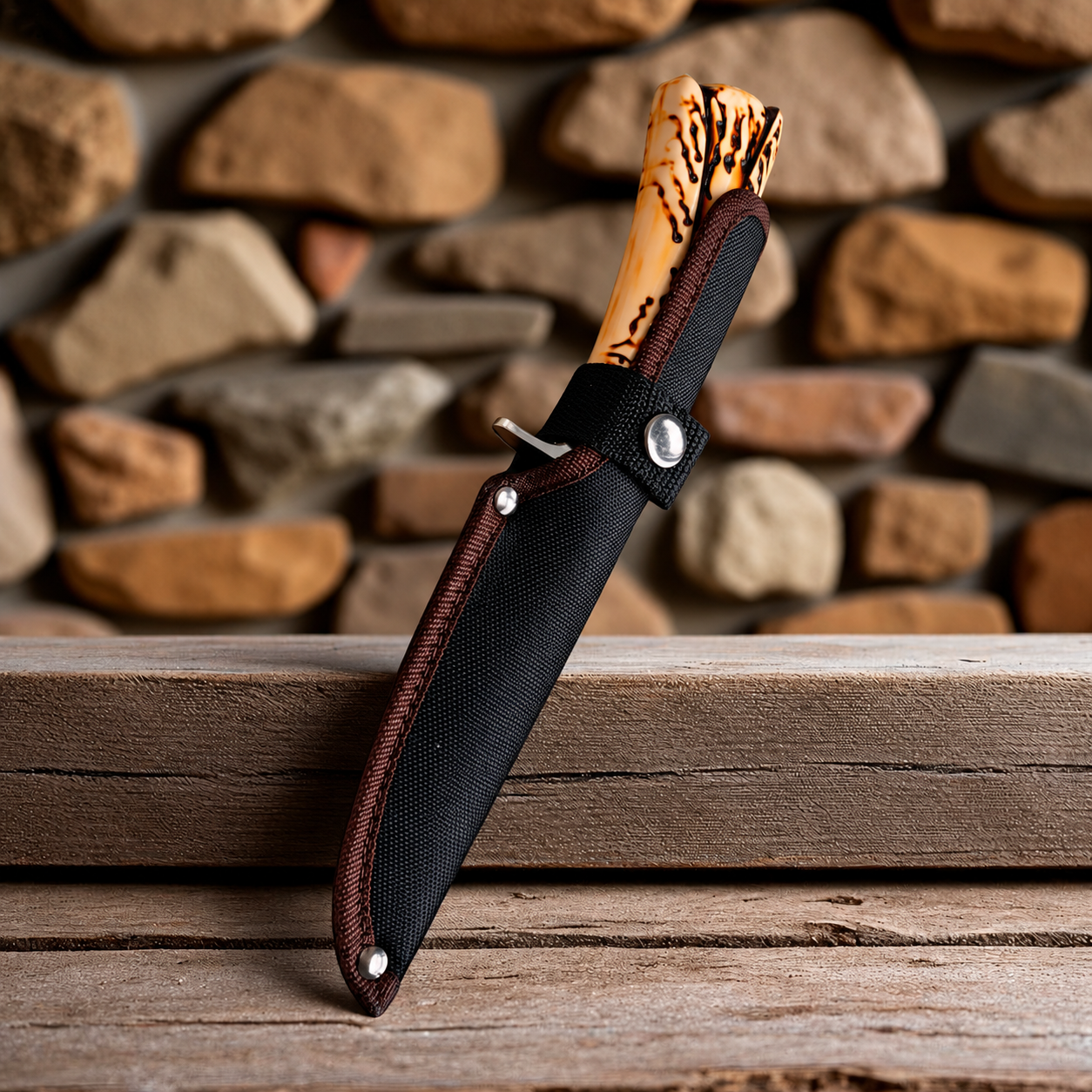 Ловен нож Knives T-S031A с имитация на еленов рог и текстилна кания – изглед отблизо