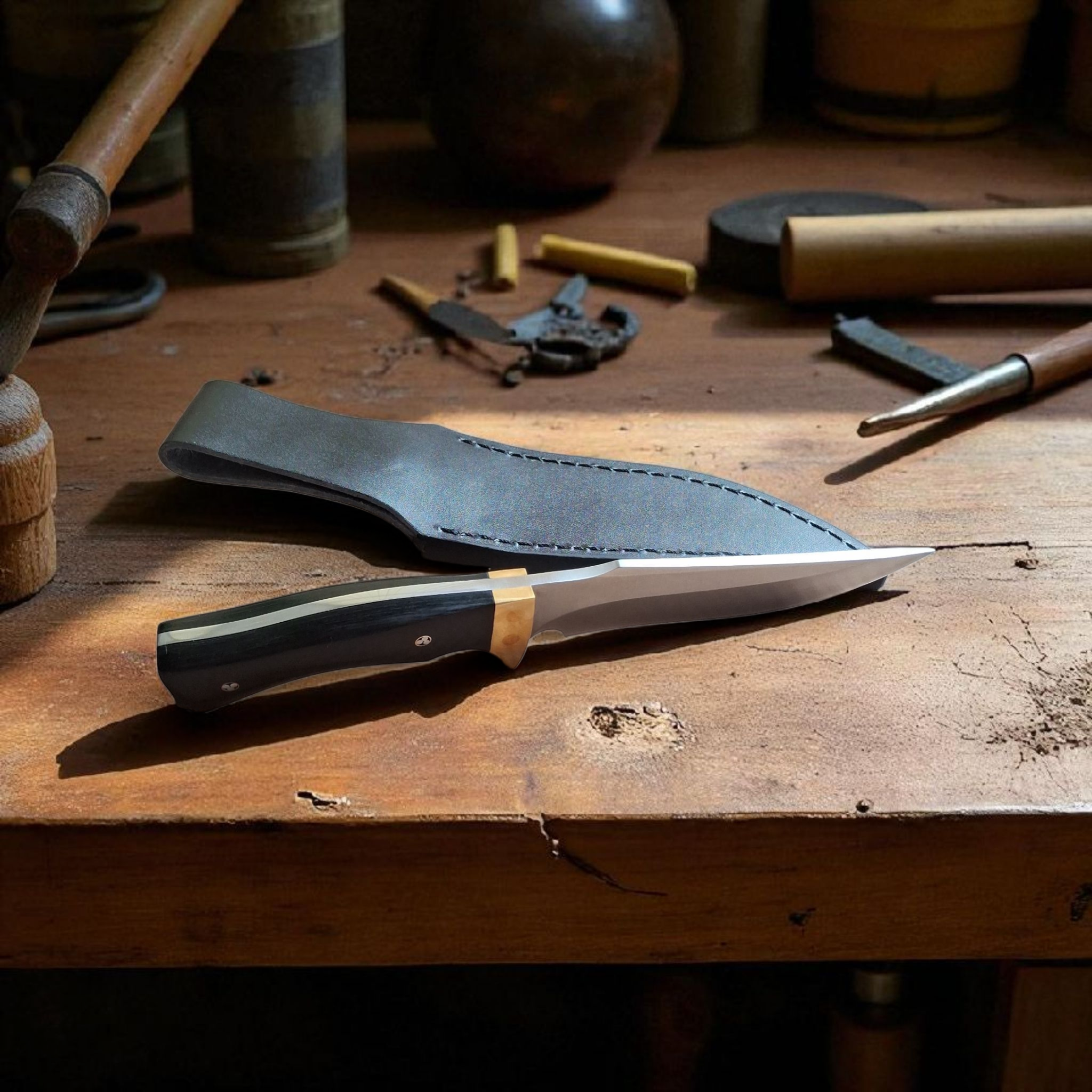 Продуктов кадър на нож Black Timber с открояваща се месингова гарда и кожена кания