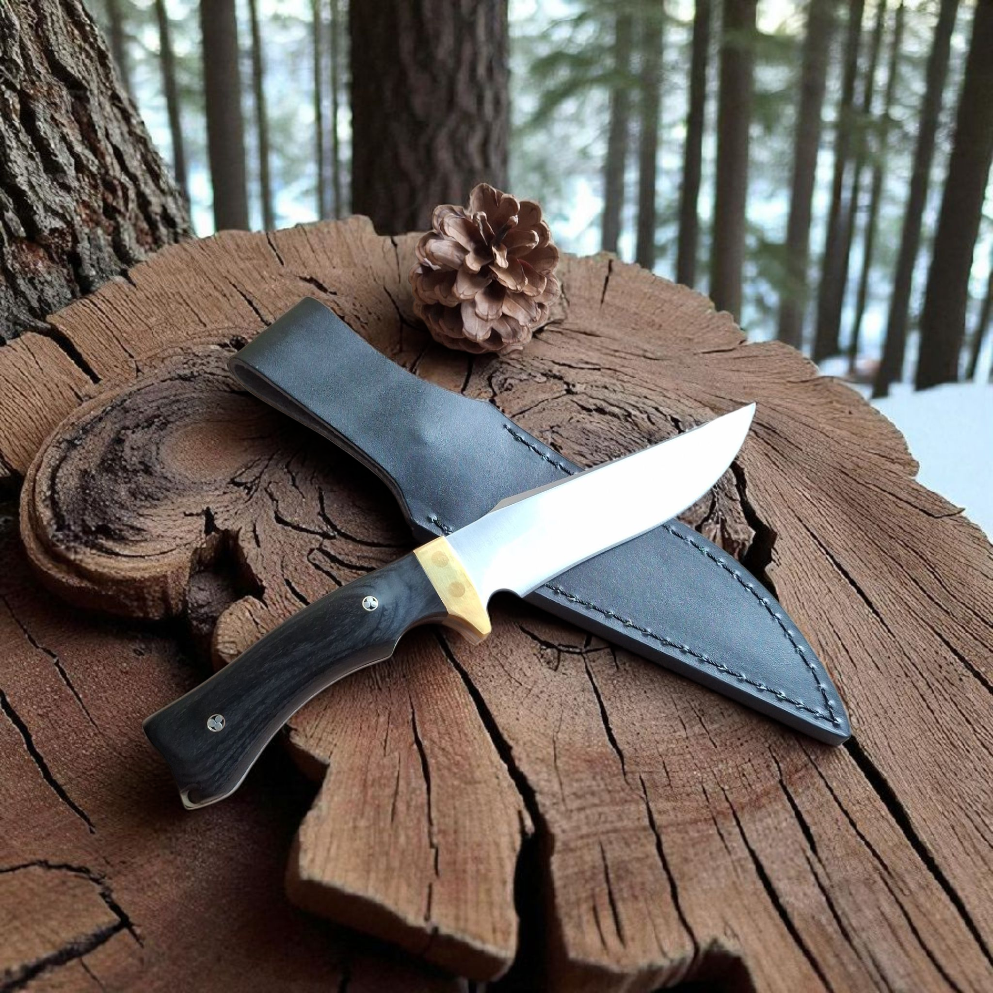 Продуктов кадър на нож Black Timber с открояваща се месингова гарда и кожена кания
