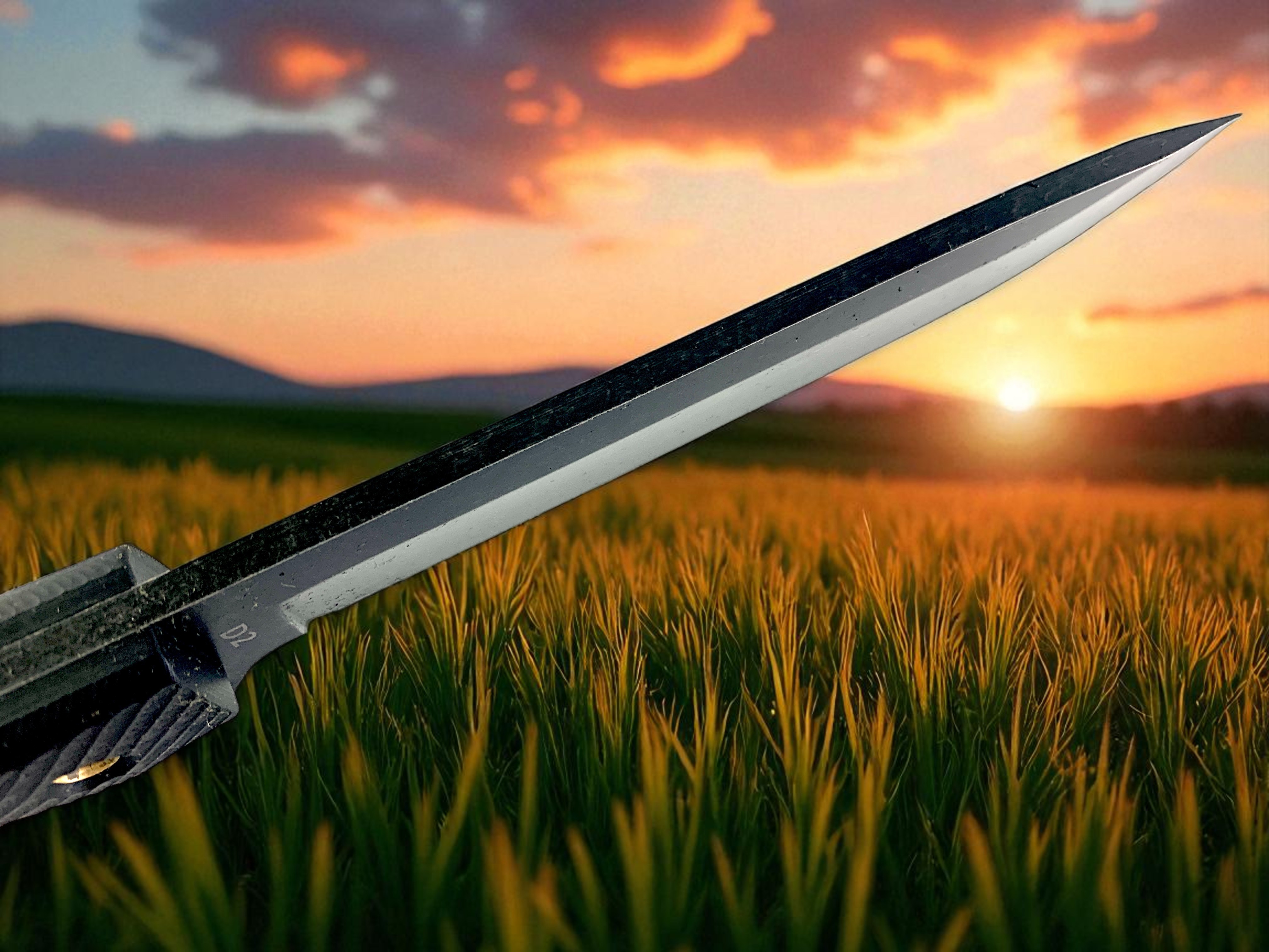 Ловен нож Busse Milatary D2 с фултанг конструкция и Kydex кания Детайлен изглед на острието и дръжката на нож Busse Milatary D2