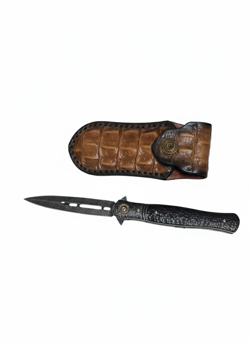 Сгъваем полуавтоматичен нож DragonScale VG10 Damascus – с кожен калъф