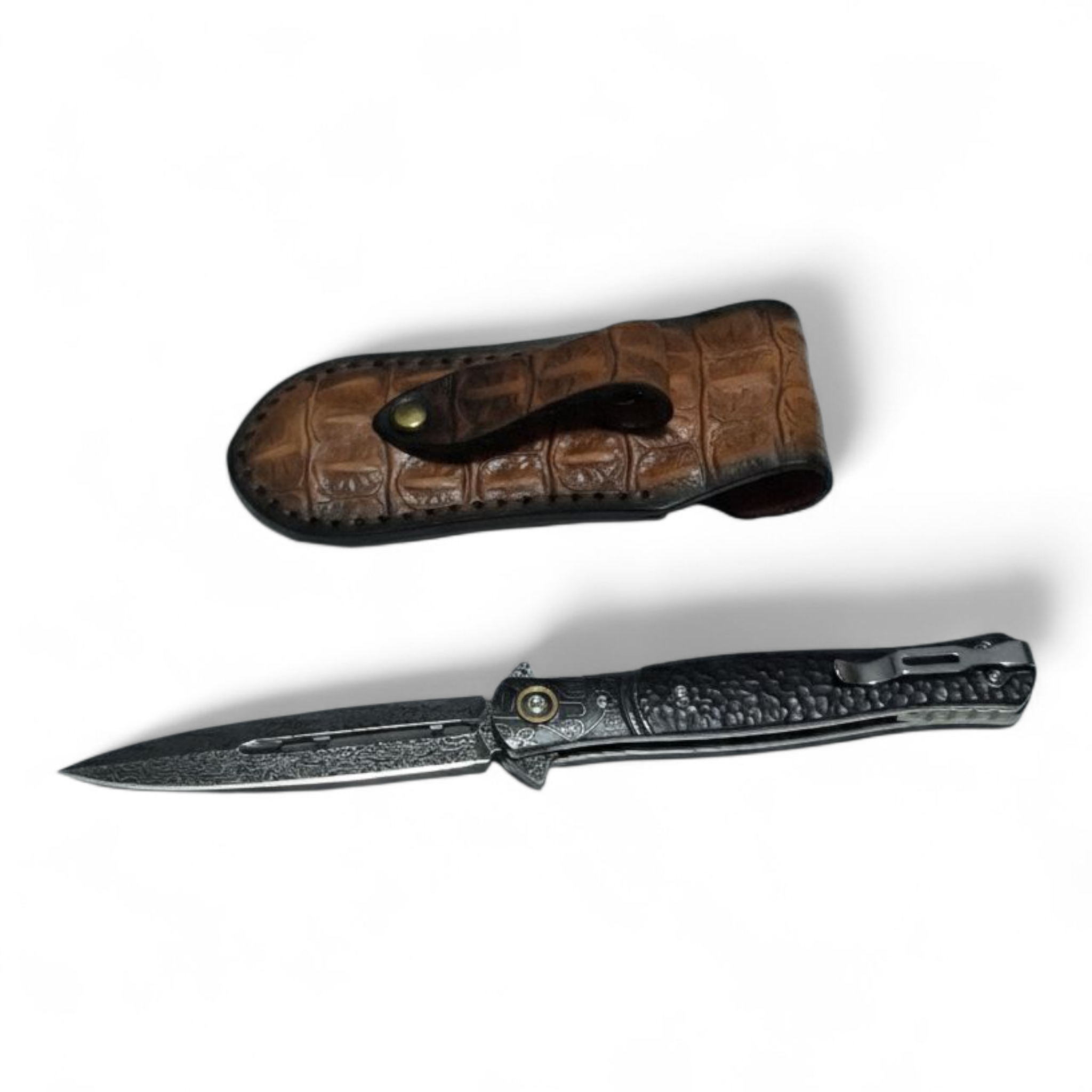 Сгъваем полуавтоматичен нож DragonScale VG10 Damascus – с кожен калъф