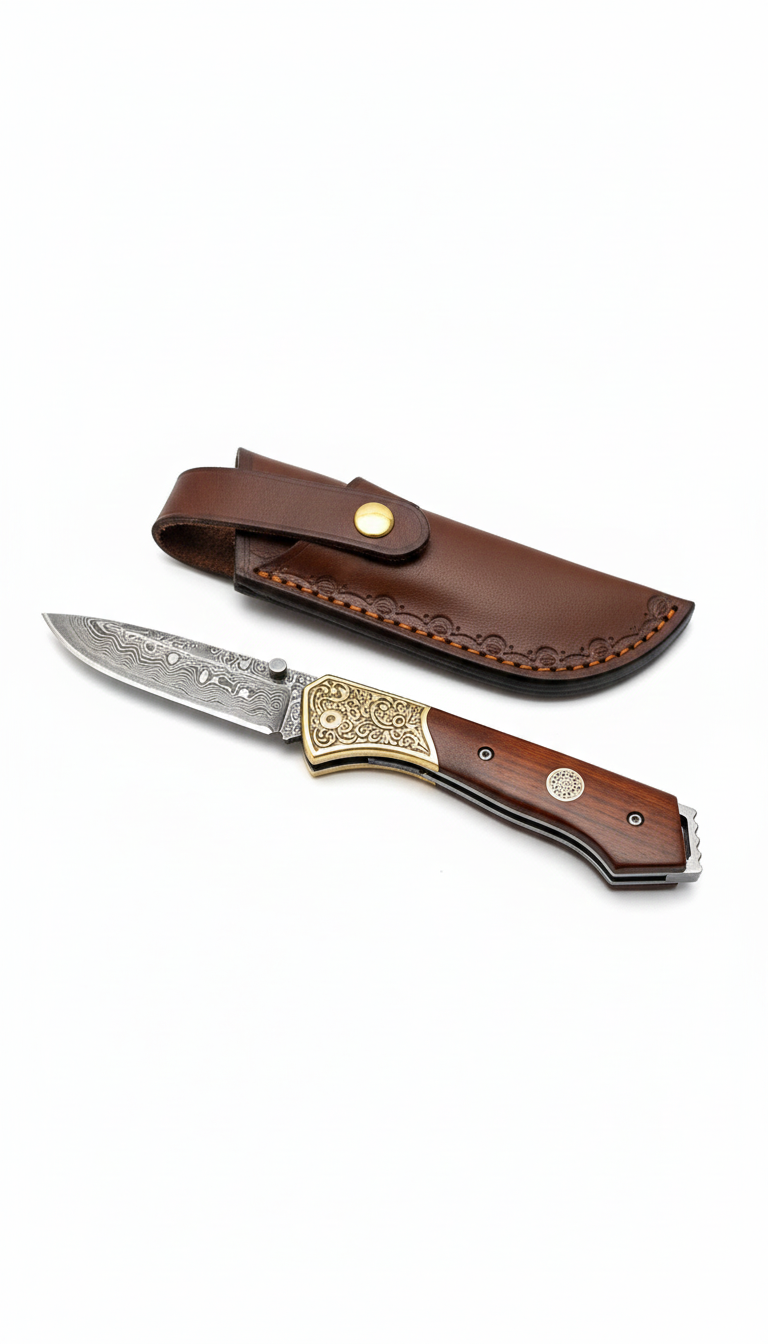 Сгъваем нож Mahogany Duke – VG10 Damascus | Ръчна изработка + кожена кания