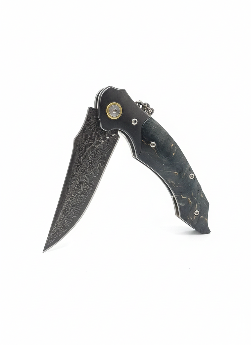 MEIJI Falcon Edge – Дамаски сгъваем нож със стабилизирано дърво