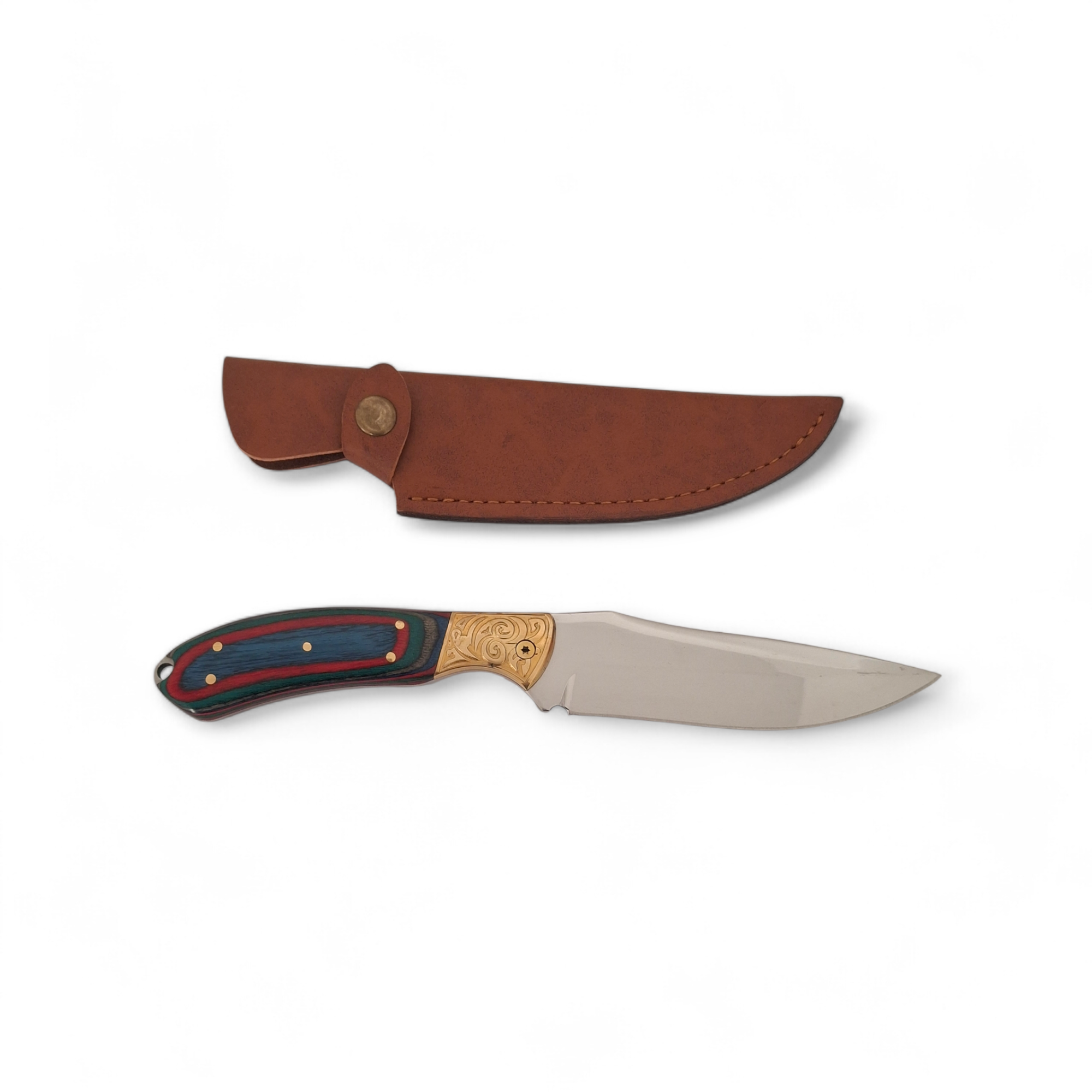 Ловен нож ръчна изработка с месингова гардa и кожена кания – 420HC