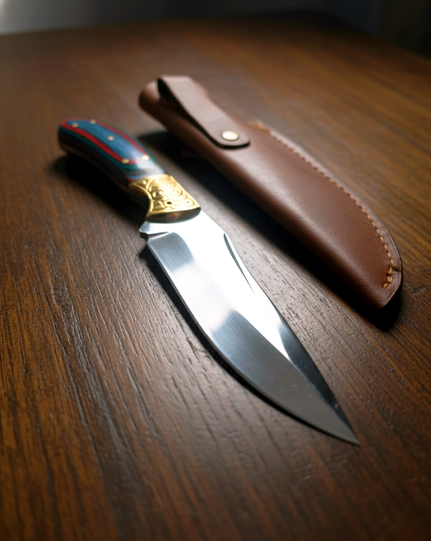 Ловен нож ръчна изработка с месингова гардa и кожена кания – 420HC