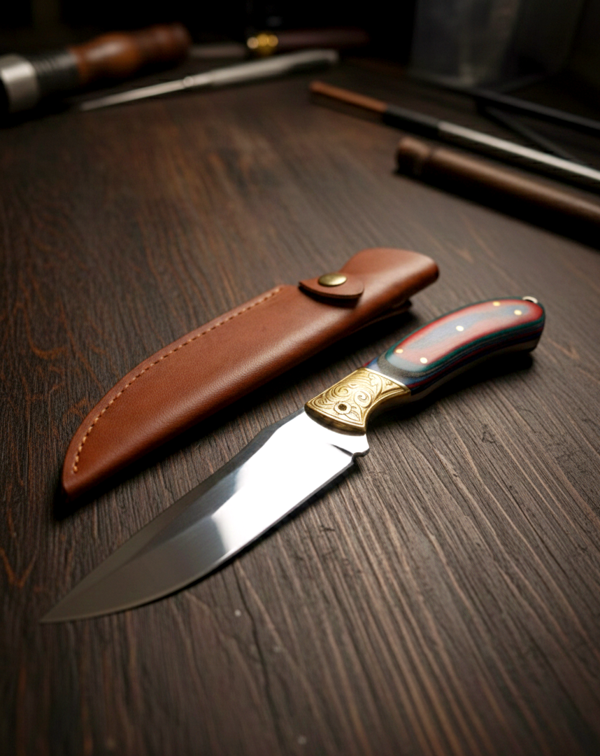Ловен нож ръчна изработка с месингова гардa и кожена кания – 420HC
