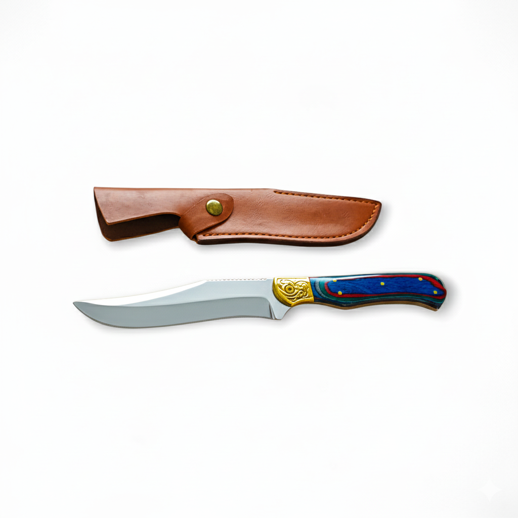 Пълен изглед на ножа "Blue Falcon" с декоративни месингови елементи
