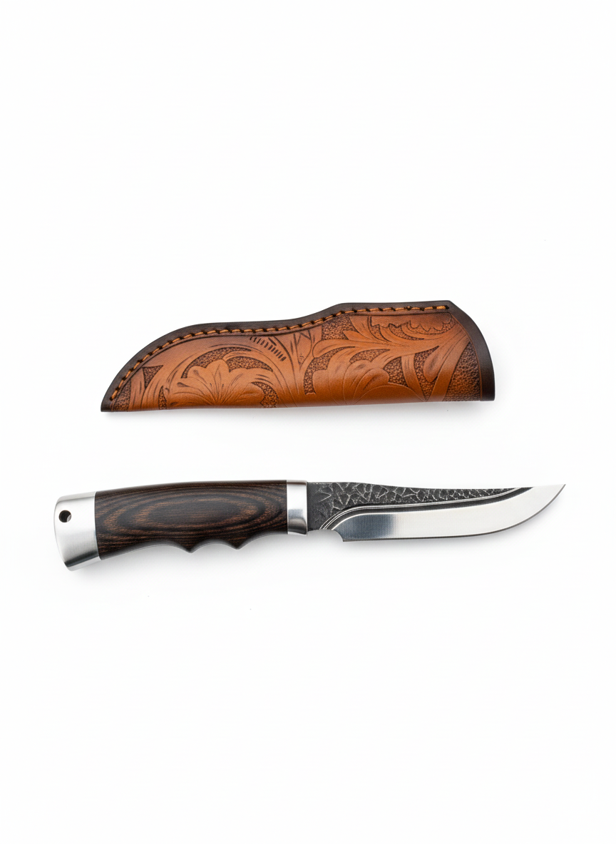 Ловен нож Woodland Edge с дървена дръжка и кожена кания