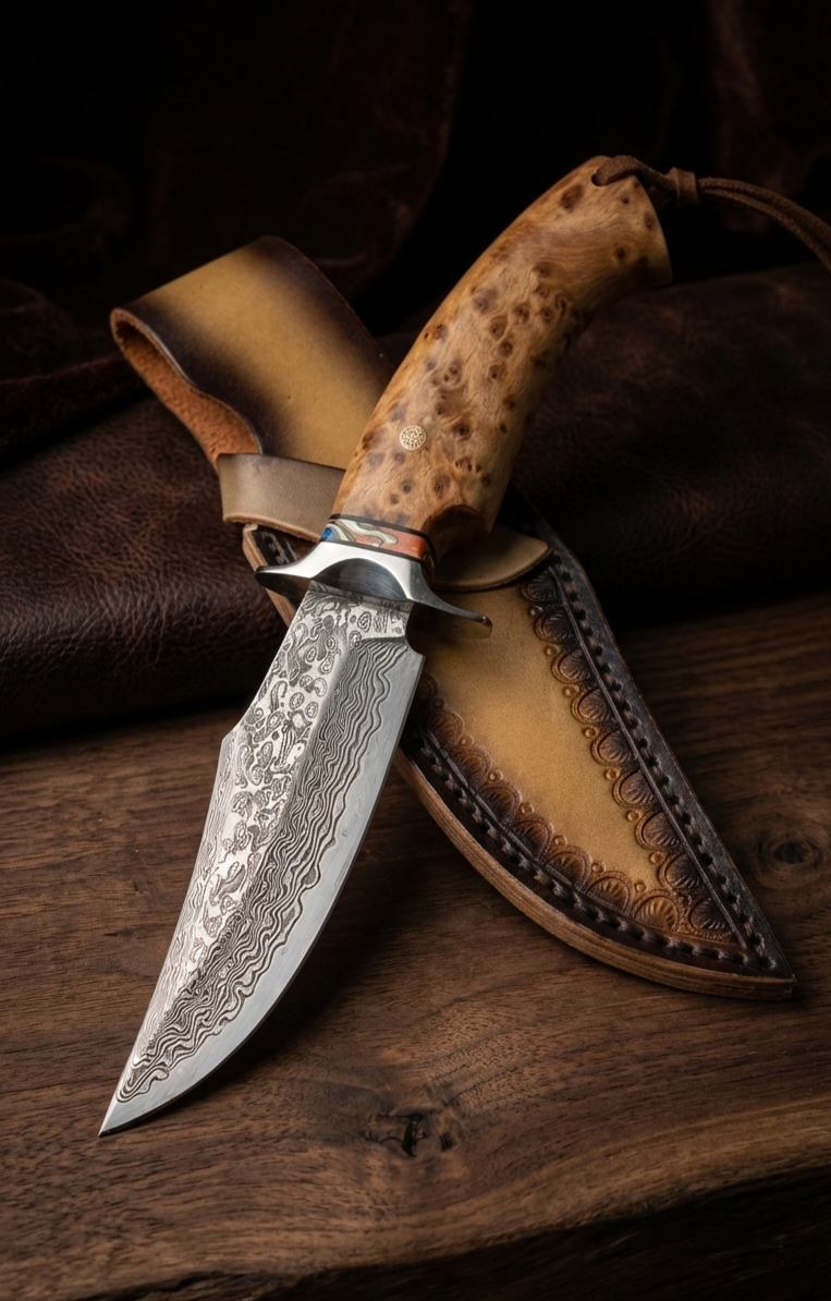Ловен нож от дамаска стомана VG10 с дървена дръжка
