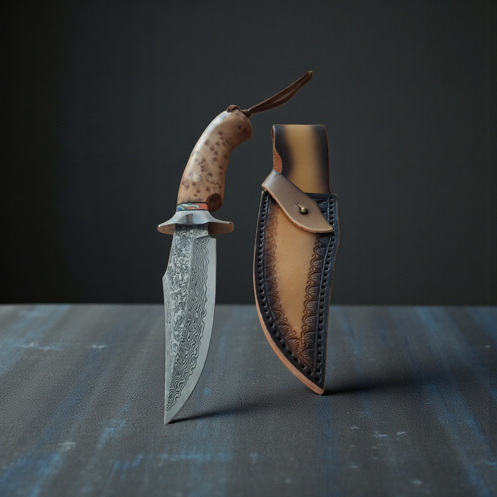 Ловен нож от дамаска стомана VG10 с дървена дръжка