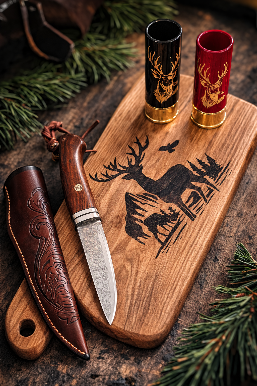 Подаръчен ловен комплект с дамаски нож и дъска за мезета