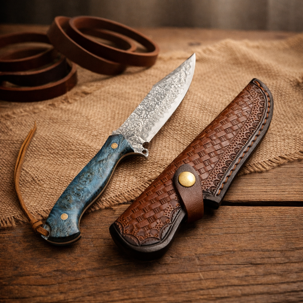 Премиум дамаски нож с кожена кания телешки бланк