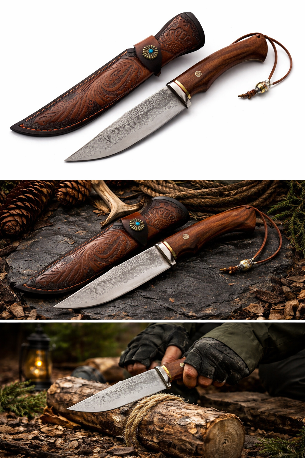 Ловен нож от дамаска стомана с дървена дръжка