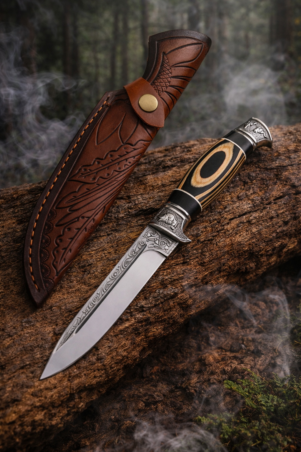 Нож 5Cr13Mov с гравирано острие и кожена кания