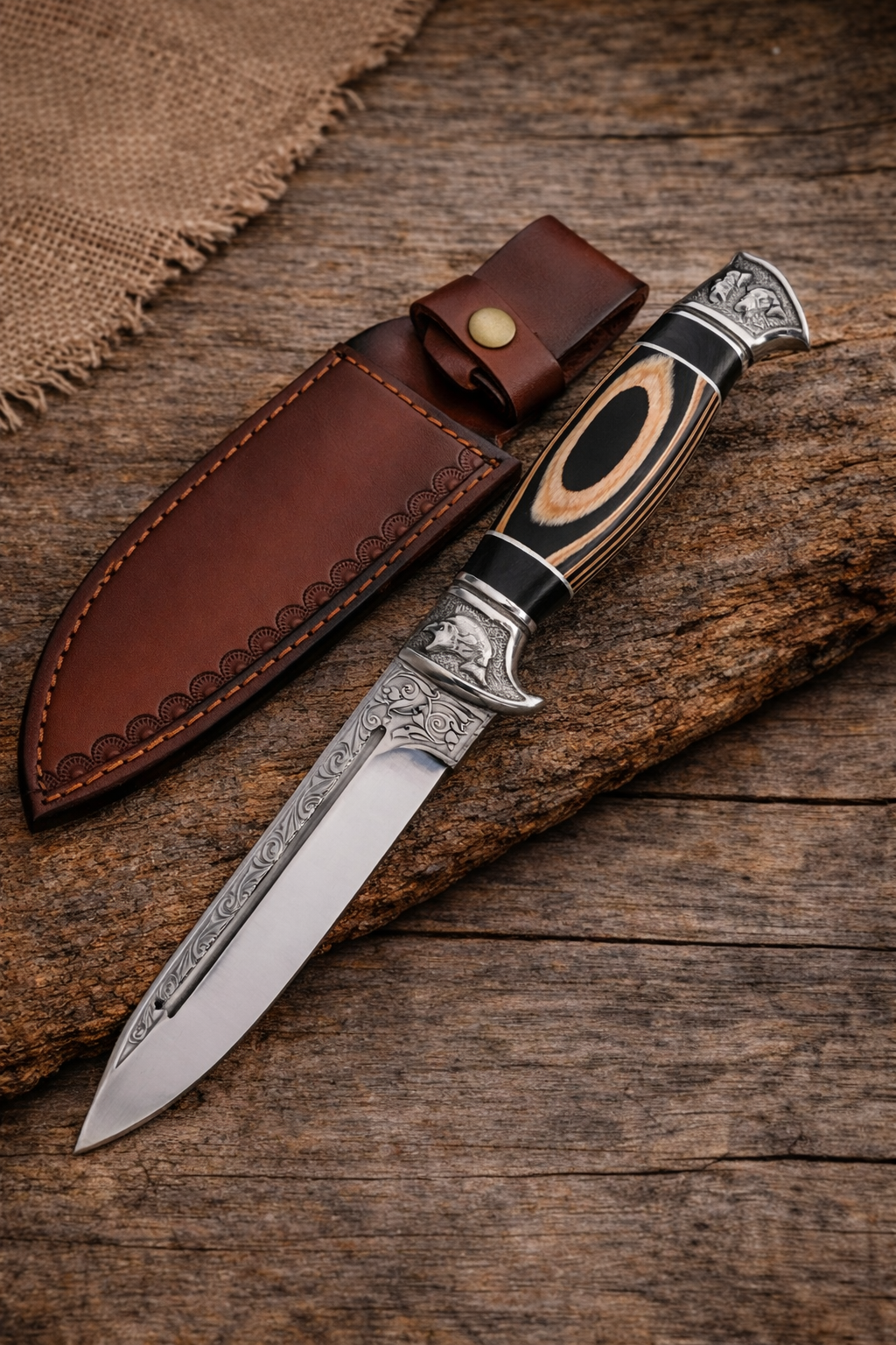 Нож 5Cr13Mov с гравирано острие и кожена кания