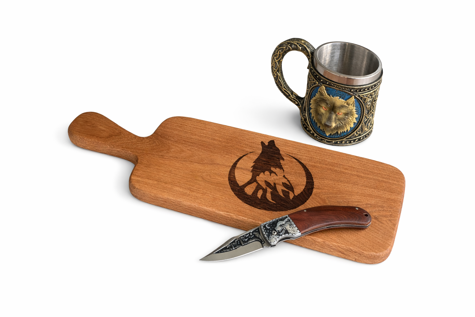 Дъска за мезета с гравиран вълк и сгъваем нож