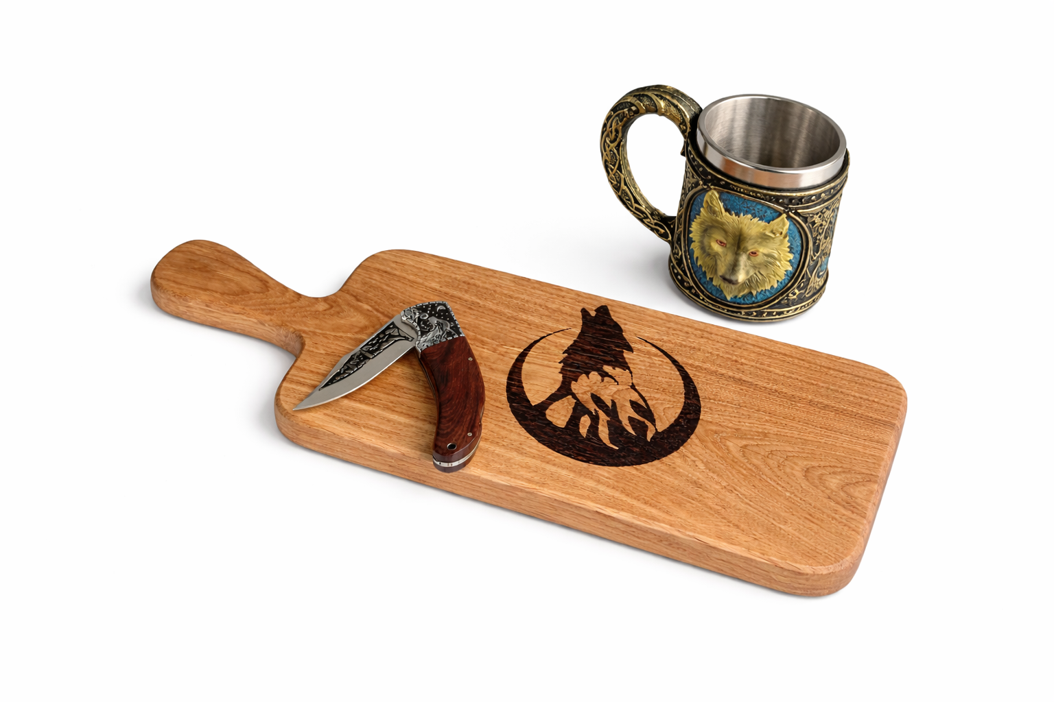 Дъска за мезета с гравиран вълк и сгъваем нож