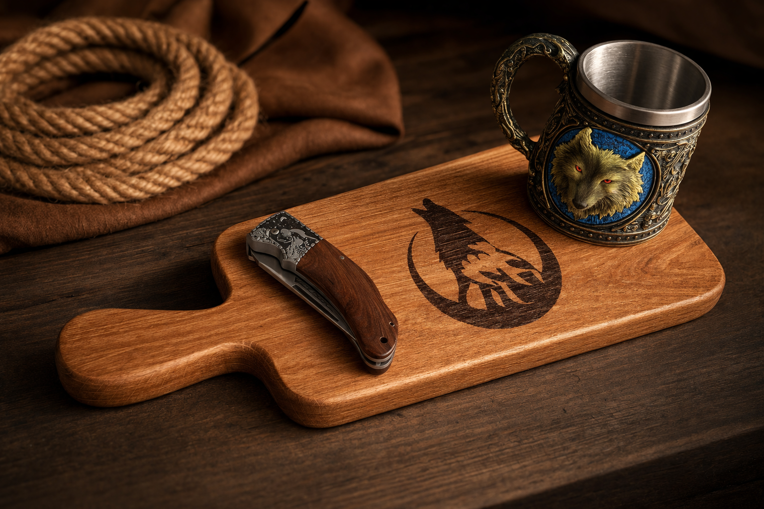Дъска за мезета с гравиран вълк и сгъваем нож