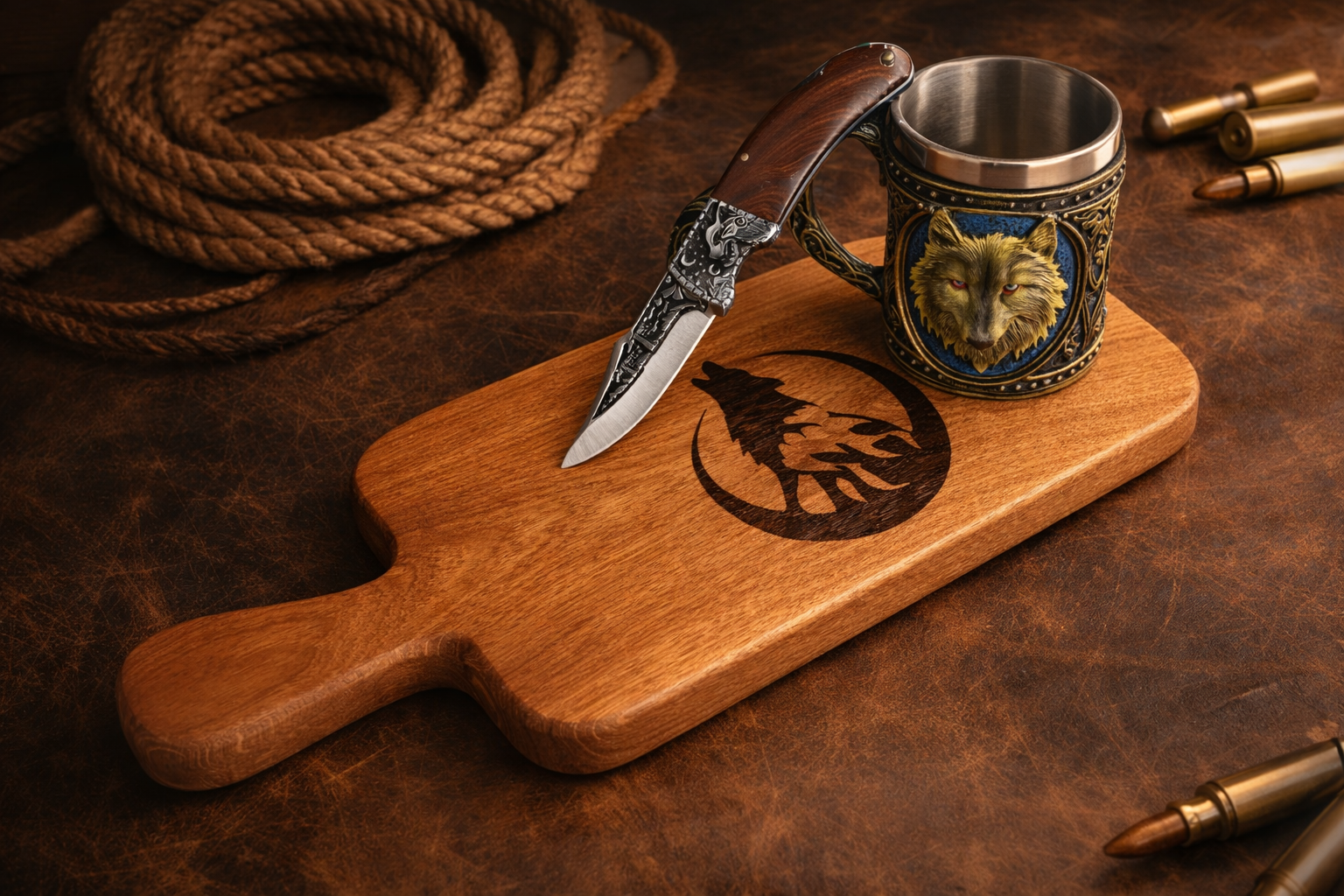 Дъска за мезета с гравиран вълк и сгъваем нож