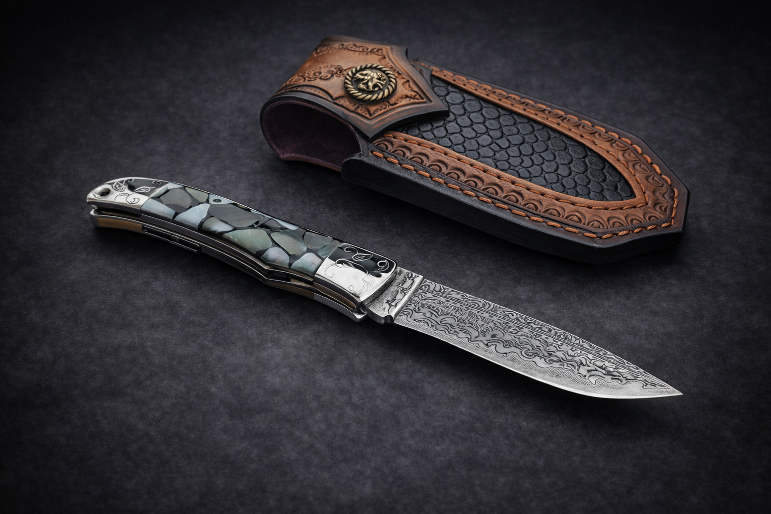 Сгъваем нож от дамаска стомана със седефена дръжка