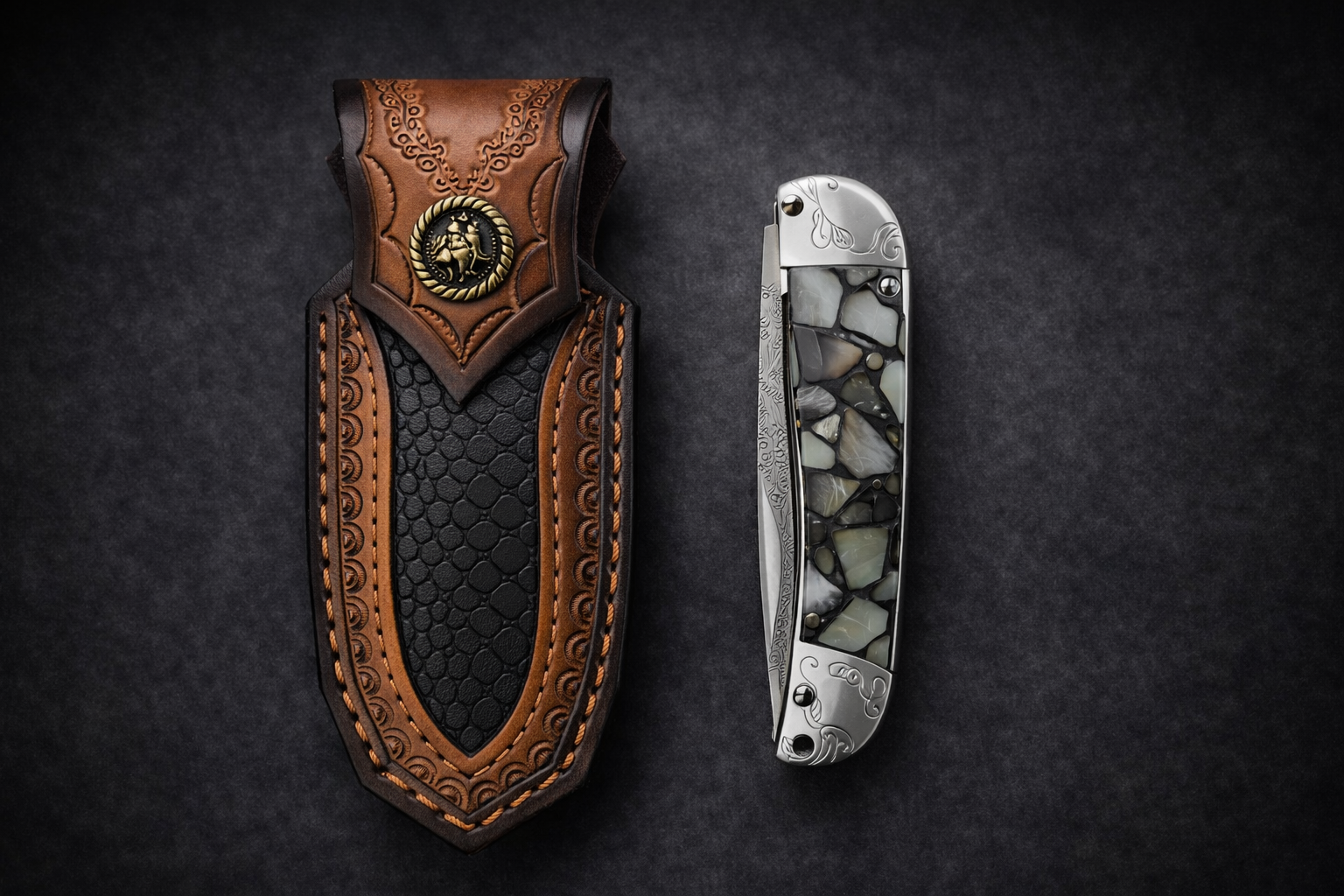 Сгъваем нож от дамаска стомана със седефена дръжка